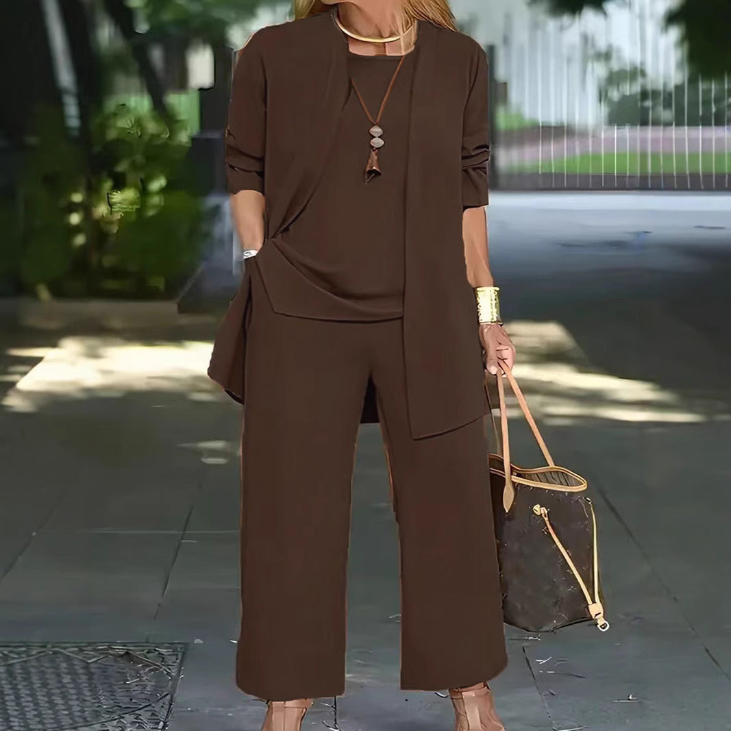 Women's 3-Piece Casual Set: Cardigan, Tank Top & Wide-Leg Pants