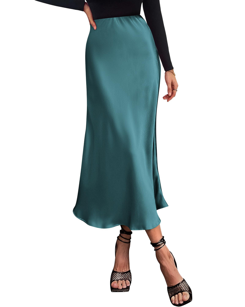 Women's High Waist Satin Midi Skirt - Elegant A-Line Flowy Party Wedding Skirt
