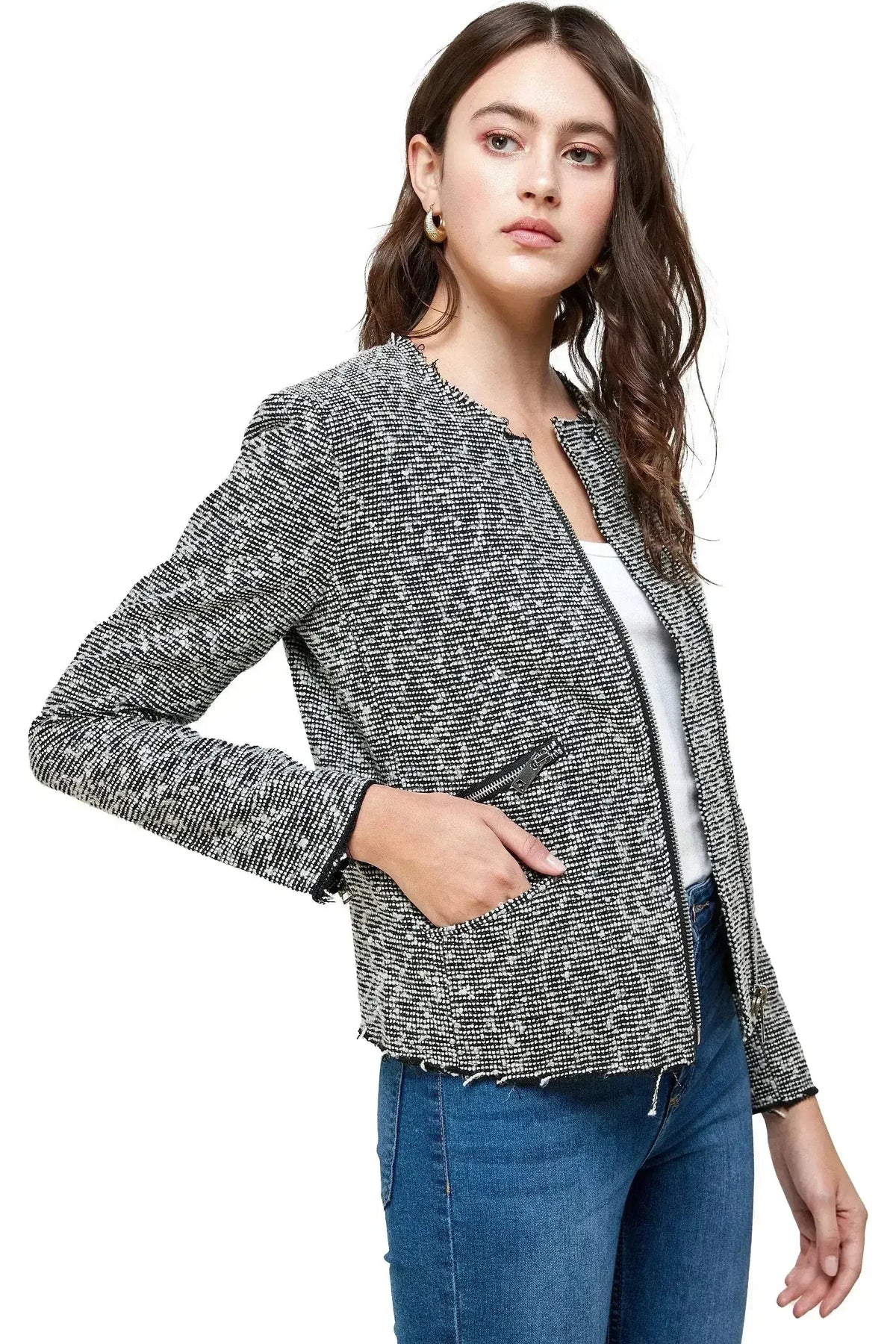 Boucle Tweed Biker Jacket - Textured Zip-Up Jacket for Women | Femstylo