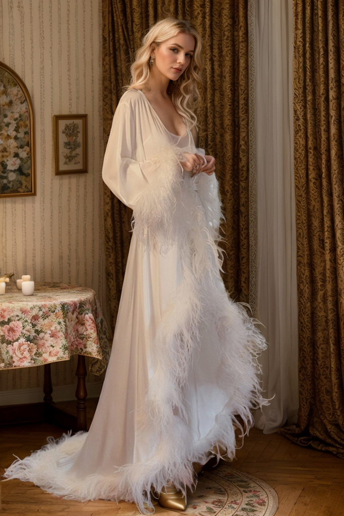 Luxury Ostrich Feather Satin Bridal Robe – White/Ivory Train, Holiday Photoshoot Gift