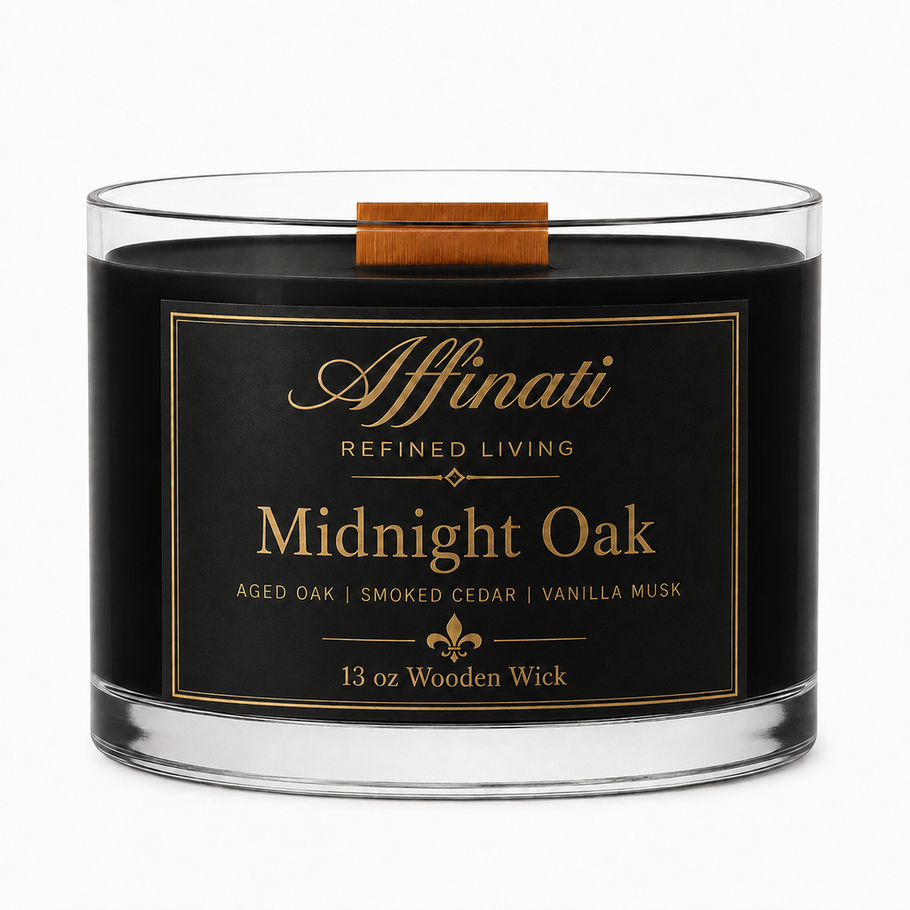 Midnight Oak Wooden Wick Candle – Luxury 13 oz Soy Blend | Affinati