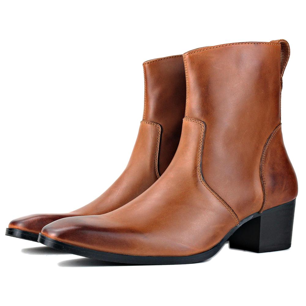 OSSTONE Men Chelsea Ankle Boots Leather Heeled Boots With Side Zipper Cuban Heel Dress Boots Disco Shoes OS-JY002 COFFEE BROWN
