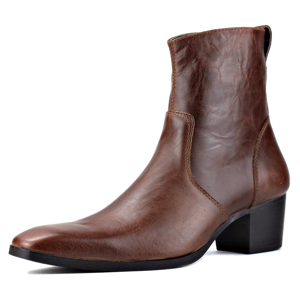 OSSTONE Men Chelsea Ankle Boots Leather Heeled Boots With Side Zipper Cuban Heel Dress Boots Disco Shoes OS-JY002 COFFEE BROWN