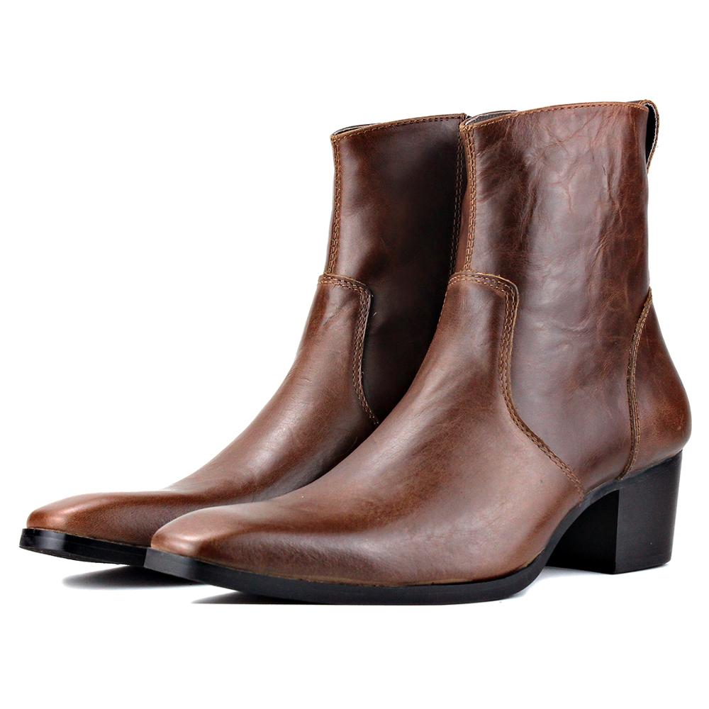 OSSTONE Men Chelsea Ankle Boots Leather Heeled Boots With Side Zipper Cuban Heel Dress Boots Disco Shoes OS-JY002 COFFEE BROWN