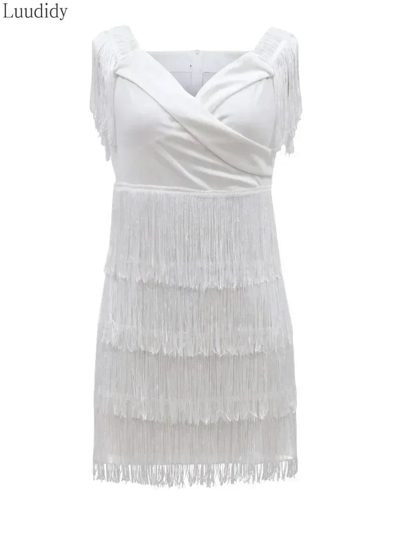 White Fringe Celebrity Evening Runway Party Dress Women Sexy Tassels Short Sleeve Club Dress Vestidos