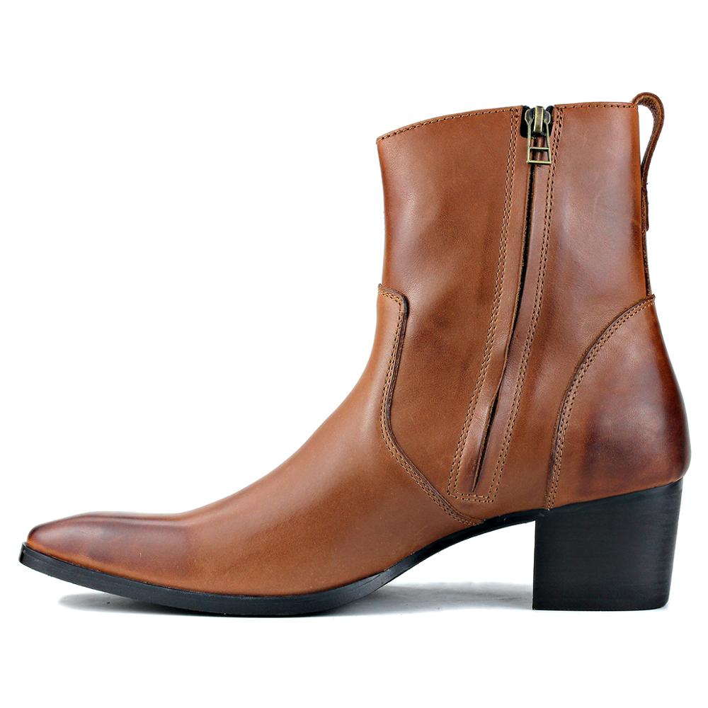 OSSTONE Men Chelsea Ankle Boots Leather Heeled Boots With Side Zipper Cuban Heel Dress Boots Disco Shoes OS-JY002 COFFEE BROWN