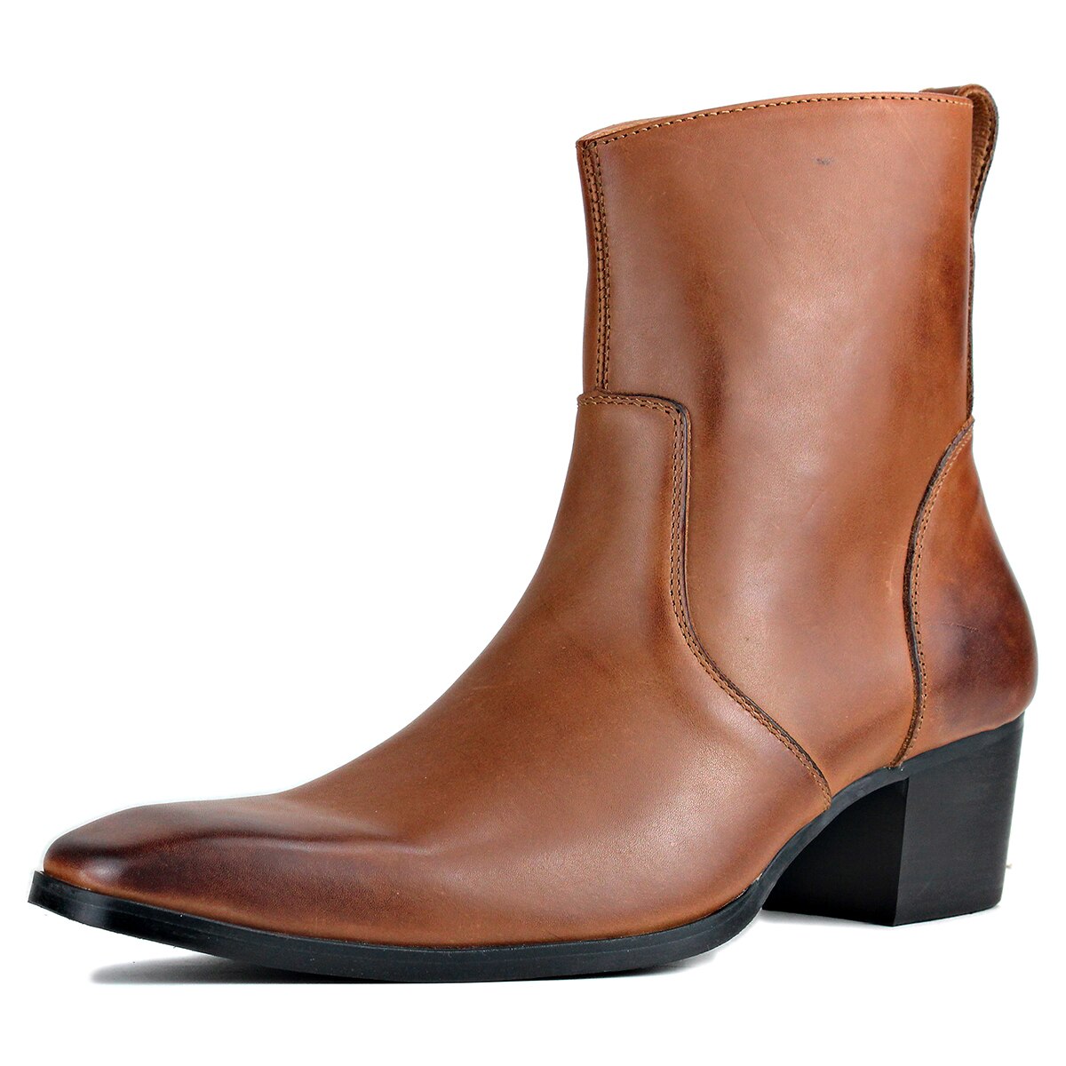 OSSTONE Men Chelsea Ankle Boots Leather Heeled Boots With Side Zipper Cuban Heel Dress Boots Disco Shoes OS-JY002 COFFEE BROWN
