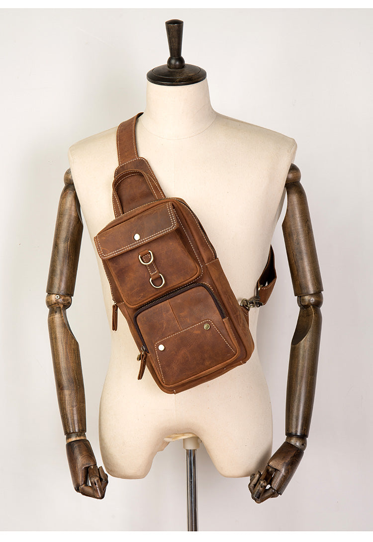 Men Retro Chest Bag Full Grain Leather Chest Pack Casual Messenger Bag V160877