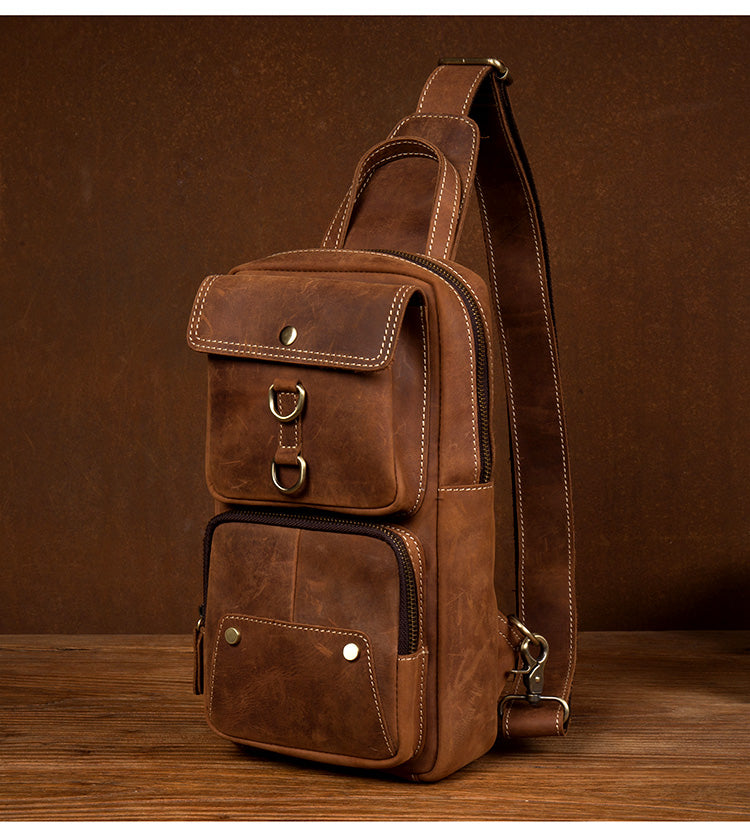 Men Retro Chest Bag Full Grain Leather Chest Pack Casual Messenger Bag V160877