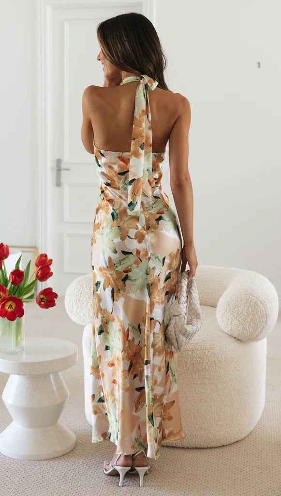 Summer Satin Dress Elegant Sleeveless Mock Neck Cocktail Party Maxi Dresses Sexy Halter Neck Floral Print Slim Casual dress