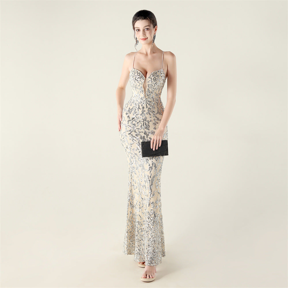 Beaded Embroidery Sequined Waist Trimming Lace up Deep V Plunge Heart Strap Evening Dress Cocktail Party