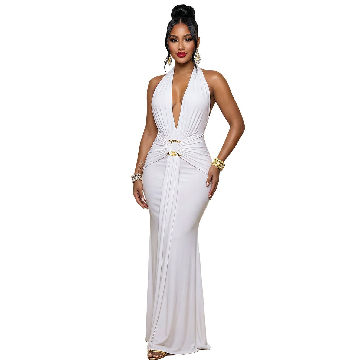 Women Halter Deep V Plunge Pleated Fishtail Evening Dress Slim Fit Cocktail Party Dress