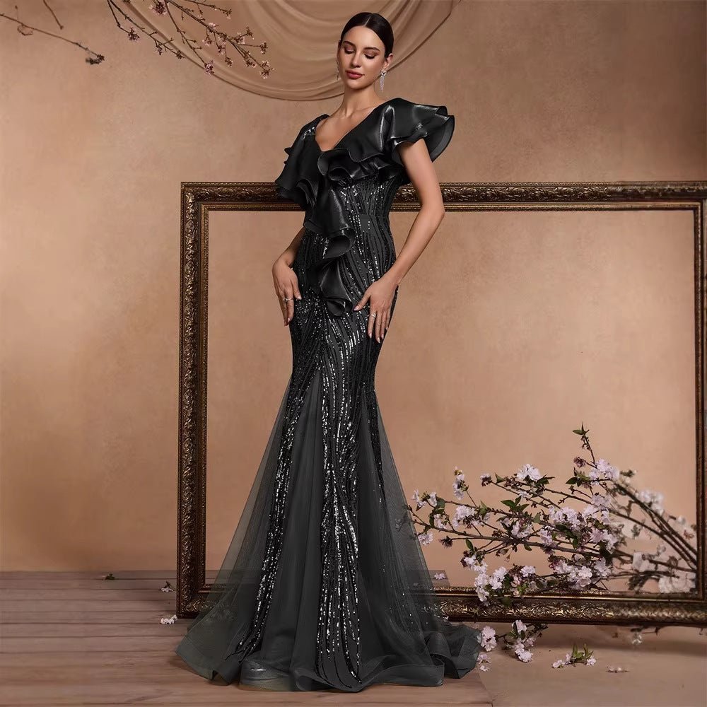 Elegant Ruffle Sleeve Sequin Elegant Cocktail Party Dinner Dress Backless Luxury Fishtail Graduation Evening