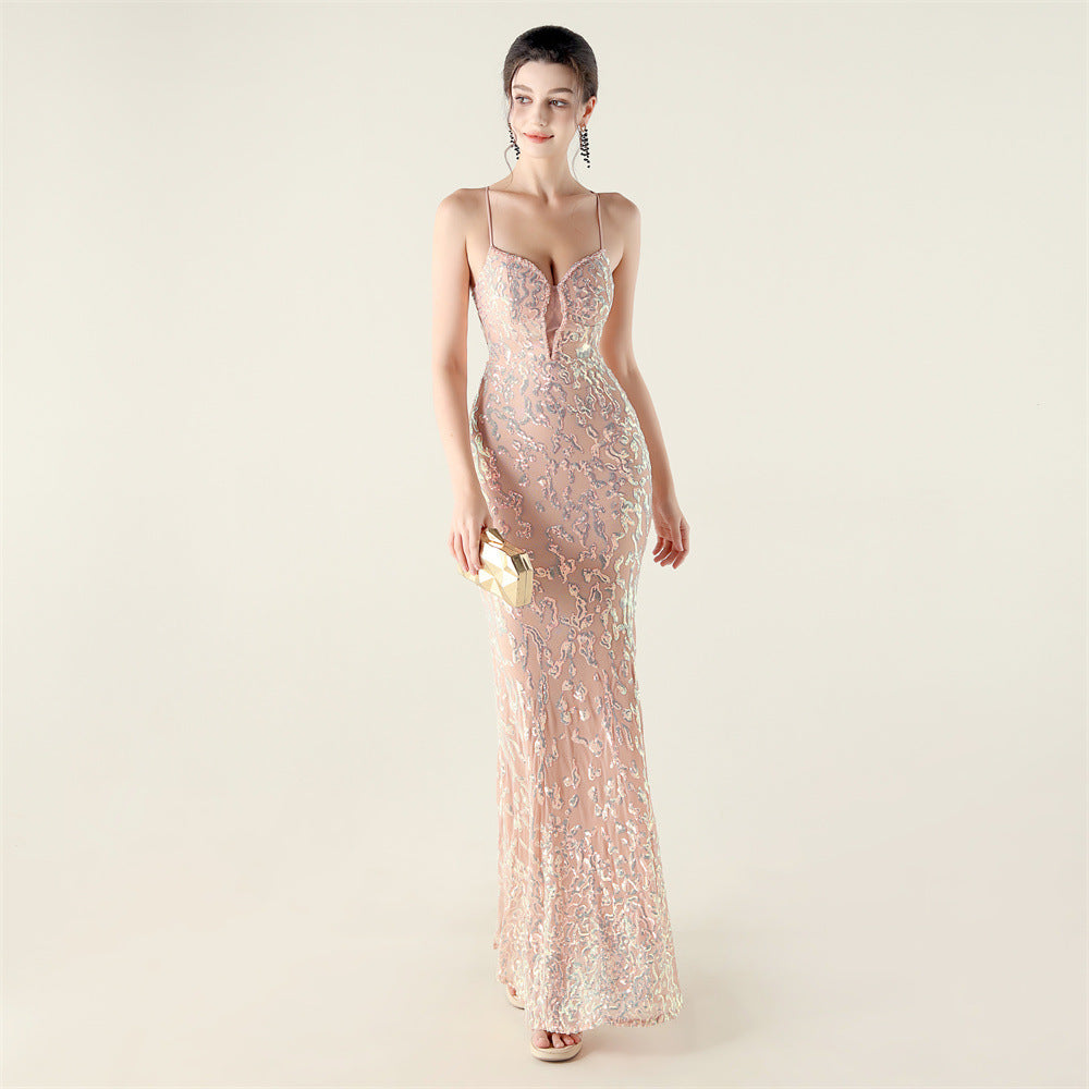 Beaded Embroidery Sequined Waist Trimming Lace up Deep V Plunge Heart Strap Evening Dress Cocktail Party