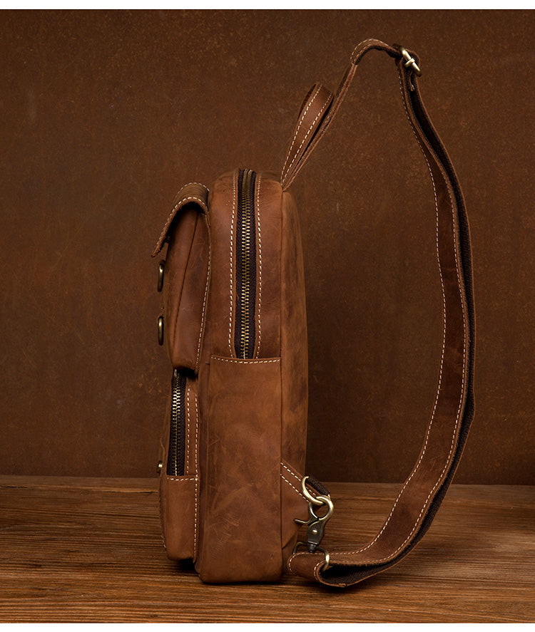 Men Retro Chest Bag Full Grain Leather Chest Pack Casual Messenger Bag V160877