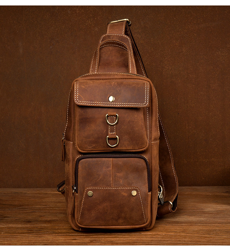 Men Retro Chest Bag Full Grain Leather Chest Pack Casual Messenger Bag V160877