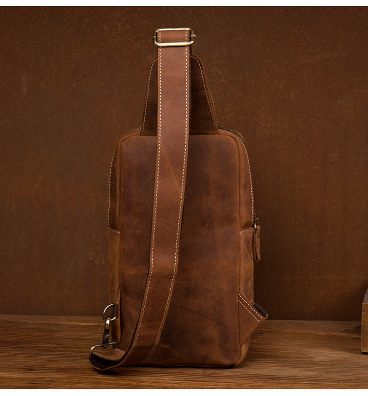 Men Retro Chest Bag Full Grain Leather Chest Pack Casual Messenger Bag V160877