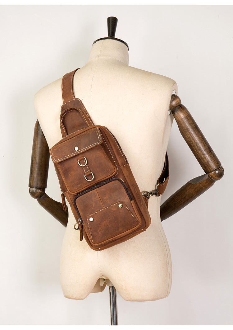 Men Retro Chest Bag Full Grain Leather Chest Pack Casual Messenger Bag V160877