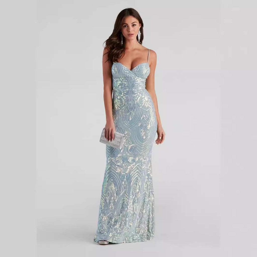 Sexy V neck Sequ Floor Length Evening Dress Elegant Graceful Cocktail Party Formal Dress Women Clothing