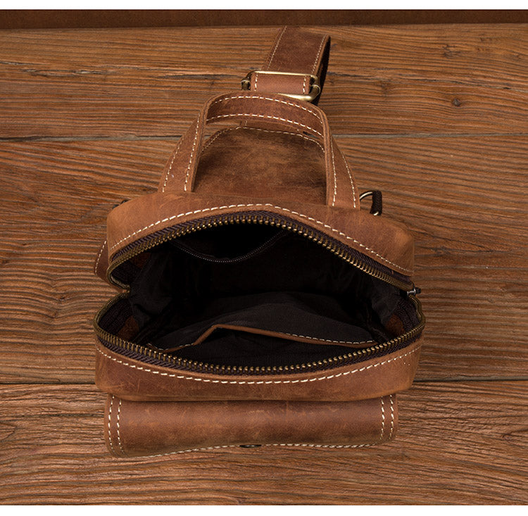Men Retro Chest Bag Full Grain Leather Chest Pack Casual Messenger Bag V160877