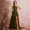 Long Elegant Oblique Shoulder Cocktail Party Dinner Dress Luxury Slit Bridesmaid Graduation Dress Tiered Dress