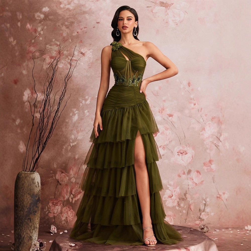 Long Elegant Oblique Shoulder Cocktail Party Dinner Dress Luxury Slit Bridesmaid Graduation Dress Tiered Dress