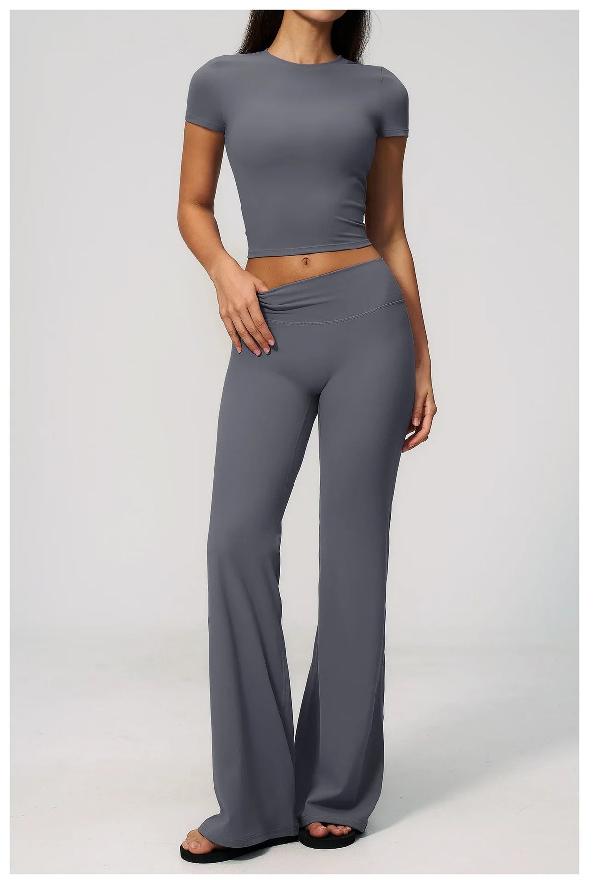 Creamy 2 Pieces Workout Suit Women Yoga Outfits Short Sleeve O Neck Slim Sports T Shirts High Waist Flare Pants Gym Fitness Sets