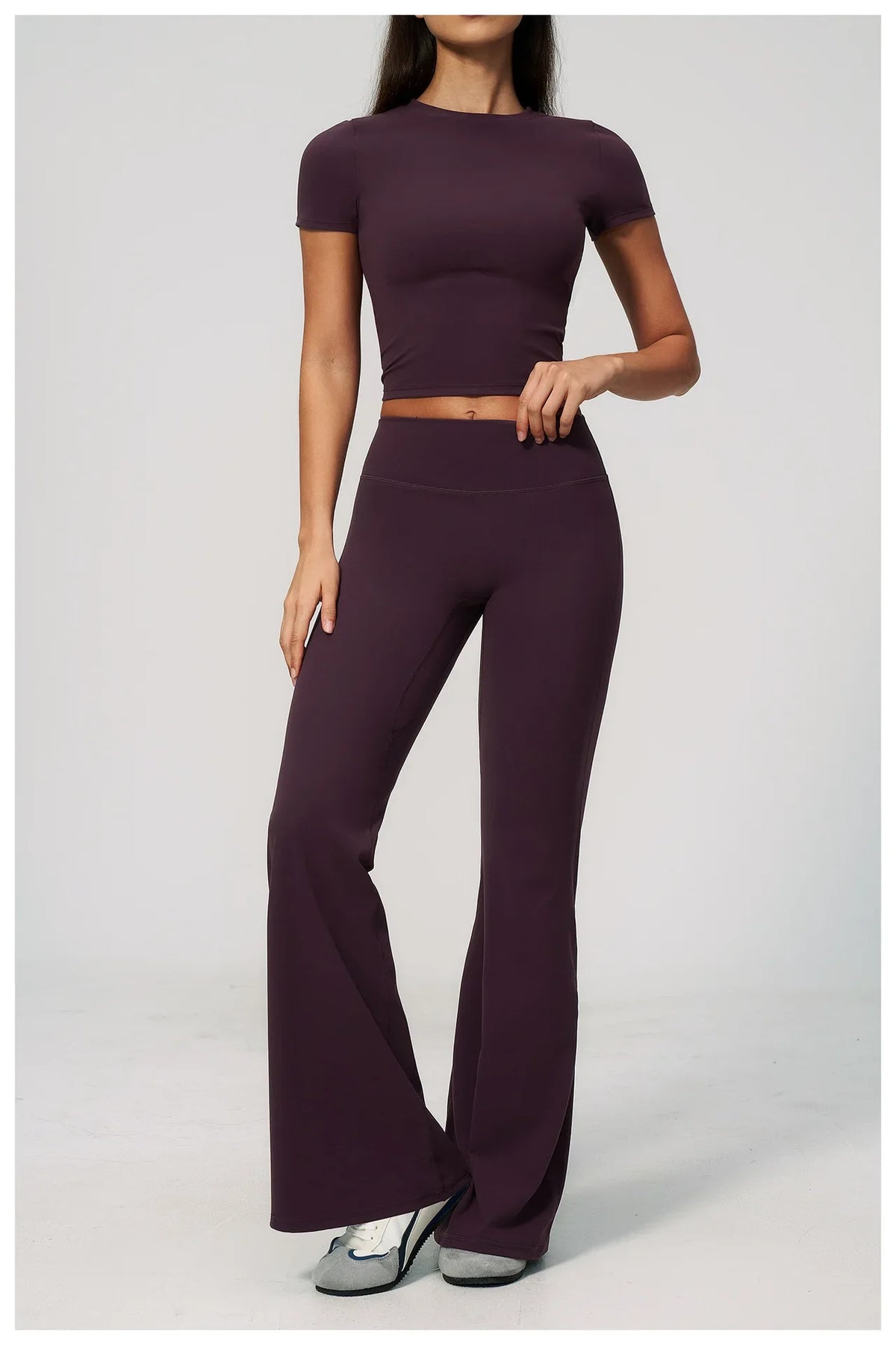 Creamy 2 Pieces Workout Suit Women Yoga Outfits Short Sleeve O Neck Slim Sports T Shirts High Waist Flare Pants Gym Fitness Sets