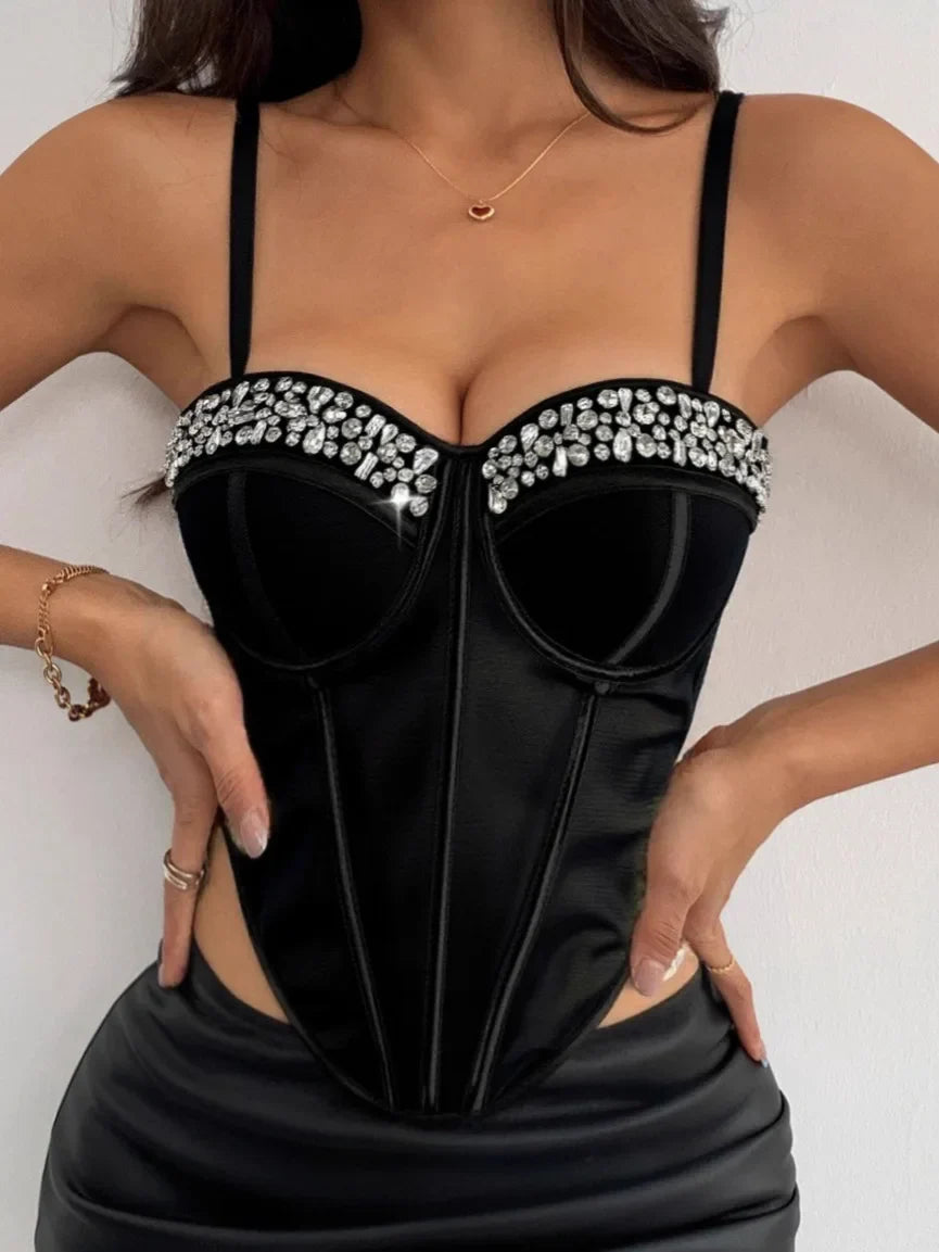 Diamond Embroidered Bustier Corset Crop Top Asymmetric Stage Bralette