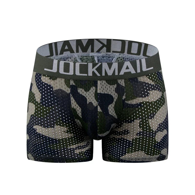 Men's Sexy Fashion Ice Silk Mesh Breathable Soft Comfortable Butt Lift Boxer Briefs Underwear Low Waist Camouflage Quick Dry
