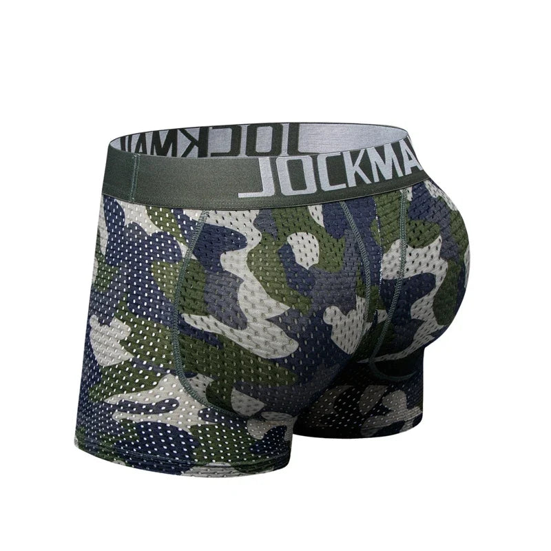 Men's Sexy Fashion Ice Silk Mesh Breathable Soft Comfortable Butt Lift Boxer Briefs Underwear Low Waist Camouflage Quick Dry