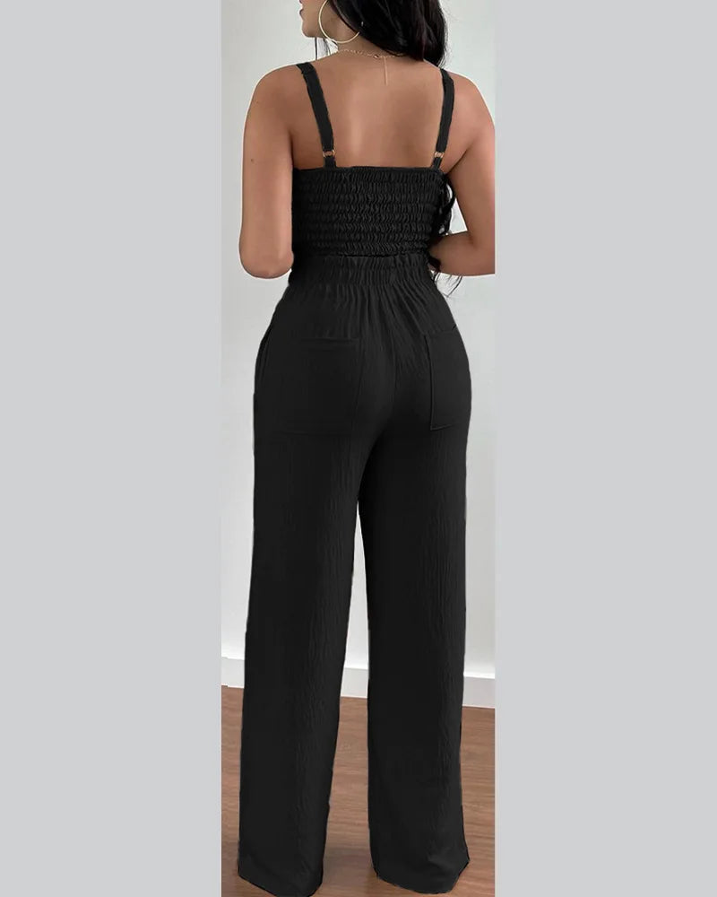 2 Piece Outfits For Women 2025 Sexy V-Neck Strap Shirred Slim Crop Top & Lace-up Wide Leg Pants Sets Elegant Office Lady Suit