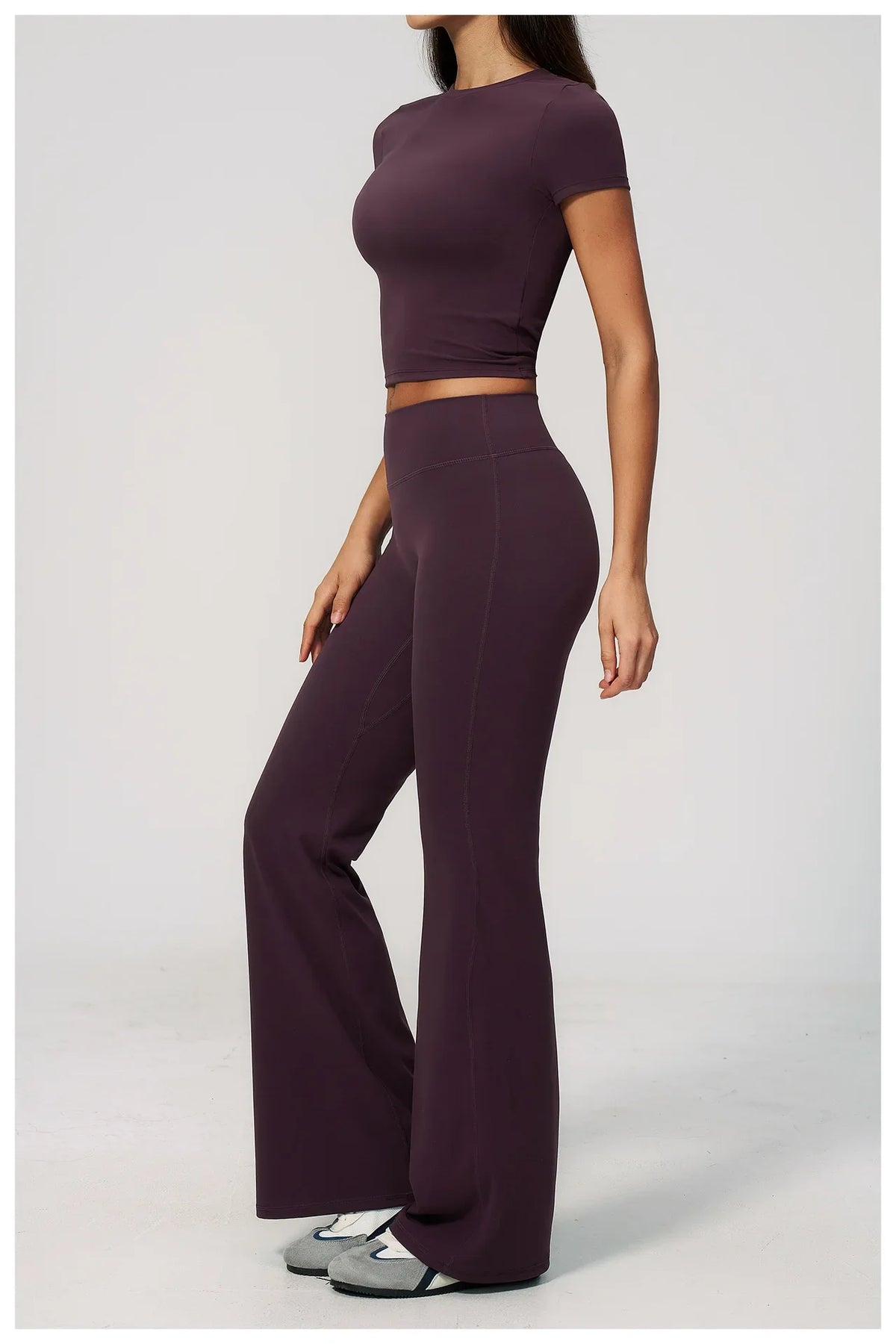 Creamy 2 Pieces Workout Suit Women Yoga Outfits Short Sleeve O Neck Slim Sports T Shirts High Waist Flare Pants Gym Fitness Sets
