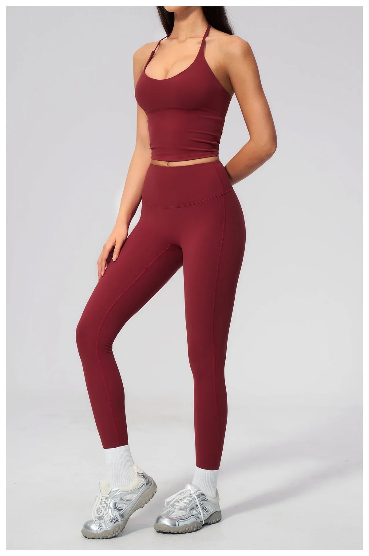Women Tracksuit 2PCS Seamless Yoga Sets Hanging V Neck Slim Sports Tank Top Fitness Outfits Gym Running High Waist Leggings Suit