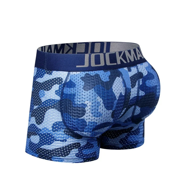 Men's Sexy Fashion Ice Silk Mesh Breathable Soft Comfortable Butt Lift Boxer Briefs Underwear Low Waist Camouflage Quick Dry