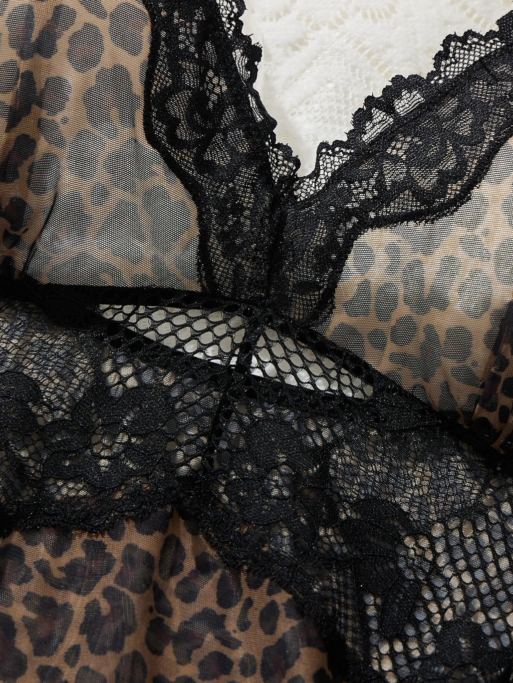 Women Leopard Print Lace Lingerie Nightgown Set Sheer Mesh Slip Dress With Thong Intimate Sleepwear ZA825233