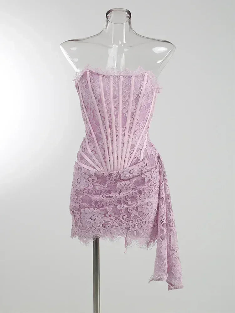 TARUXY Sexy Lace See-through Patchwork Corset Dress Female Bodycon Elegant Party MIrrgualr Mini Dress Women Tube Top Dress New