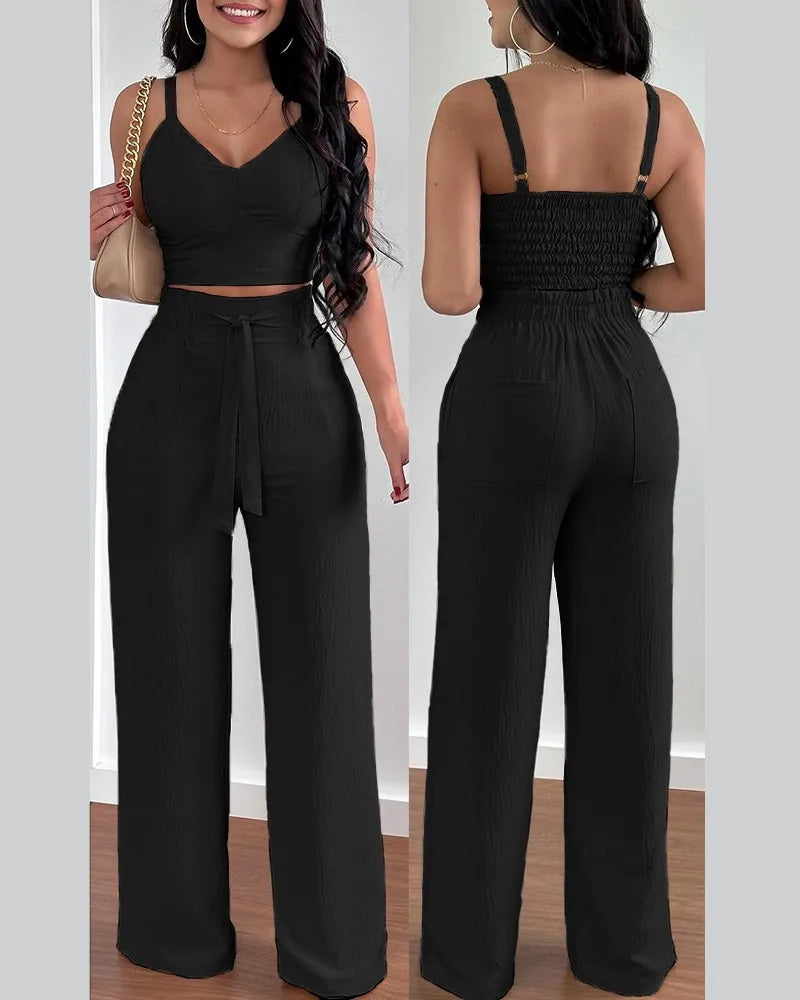 2 Piece Outfits For Women 2025 Sexy V-Neck Strap Shirred Slim Crop Top & Lace-up Wide Leg Pants Sets Elegant Office Lady Suit