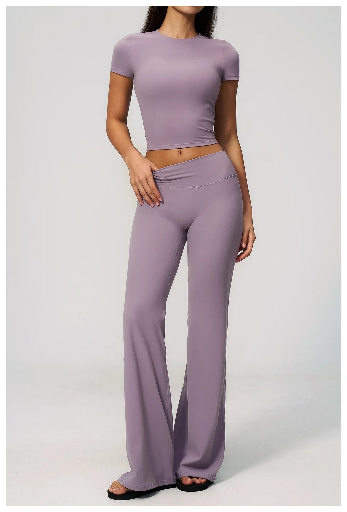 Creamy 2 Pieces Workout Suit Women Yoga Outfits Short Sleeve O Neck Slim Sports T Shirts High Waist Flare Pants Gym Fitness Sets