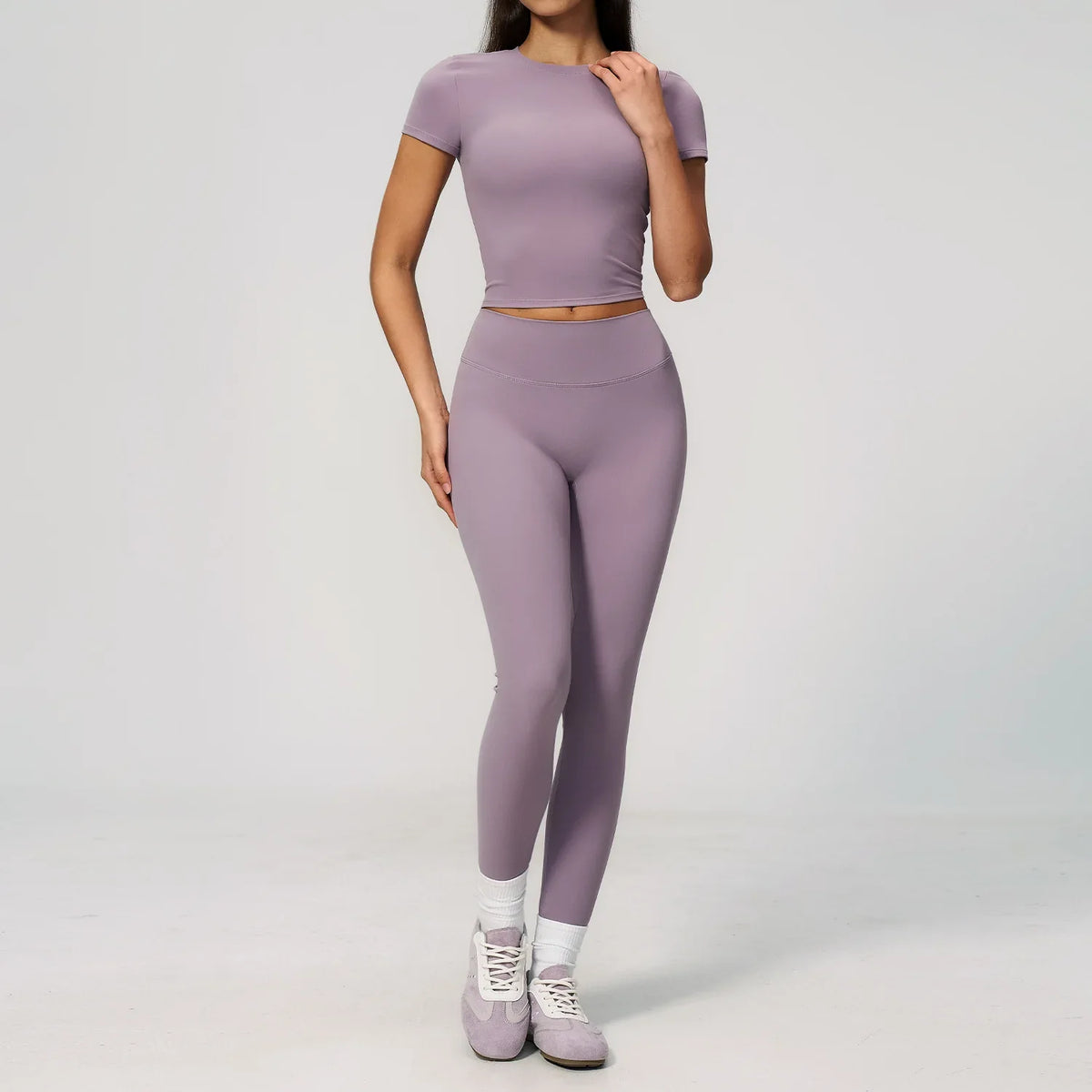 Creamy 2 Pieces Workout Suit Women Yoga Outfits Short Sleeve O Neck Slim Sports T Shirts High Waist Flare Pants Gym Fitness Sets