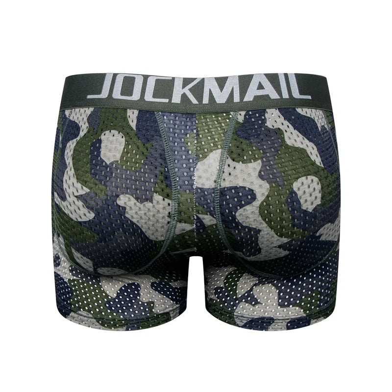 Men's Sexy Fashion Ice Silk Mesh Breathable Soft Comfortable Butt Lift Boxer Briefs Underwear Low Waist Camouflage Quick Dry