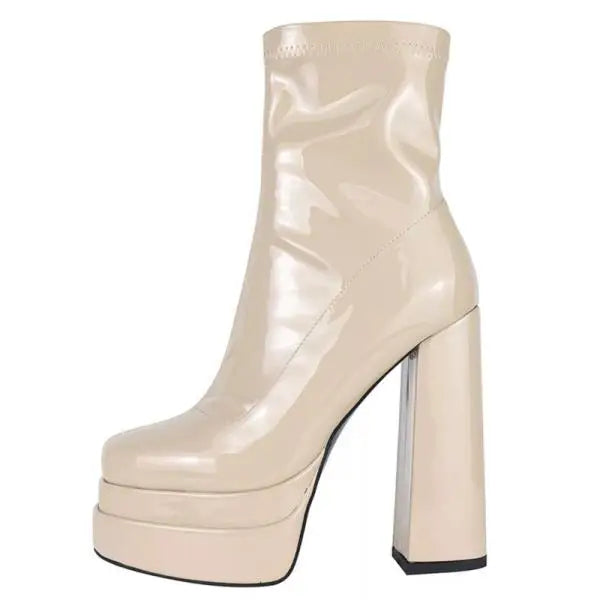 Winter Boots Lady Boots-Women Shoes Zipper Luxury Designer Rubber High Heel Ankle Fashion Rome Solid PU Basic Square Toe