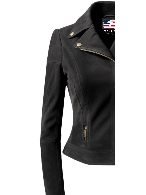 Women Black Suede Leather Jacket with Golden Zipper