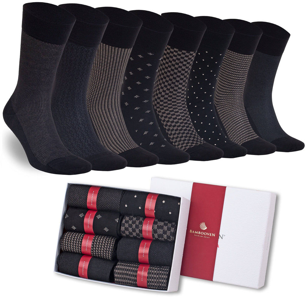 Men’s Bamboo Lightweight Dress Socks 8-Pack Gift Box, Black, Charcoal & Taupe