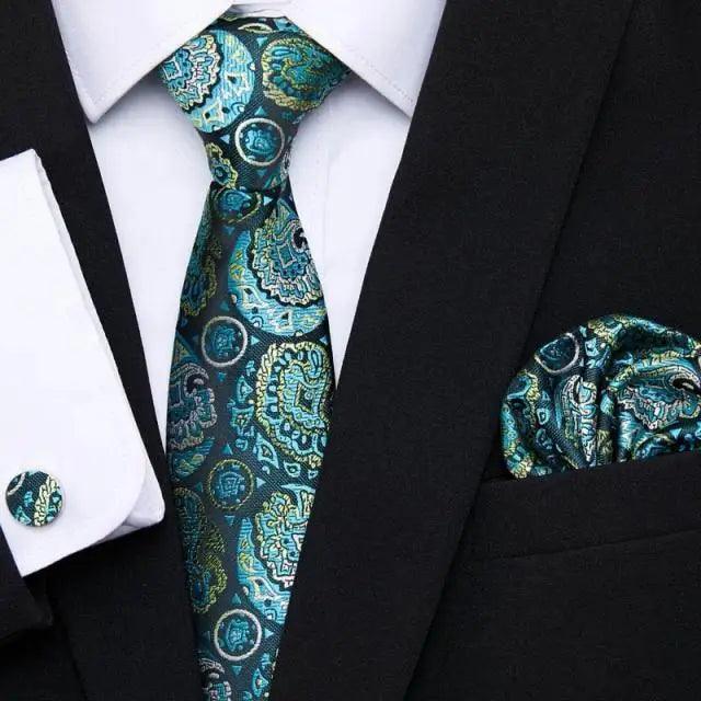 Business Men Silk Necktie Cufflinks Set Luxury Design Necktie With Handkerchief Necktie For Casual And Daily Wear Classic Men Flower Ties Wedding Handkerchief Cufflinks Set
