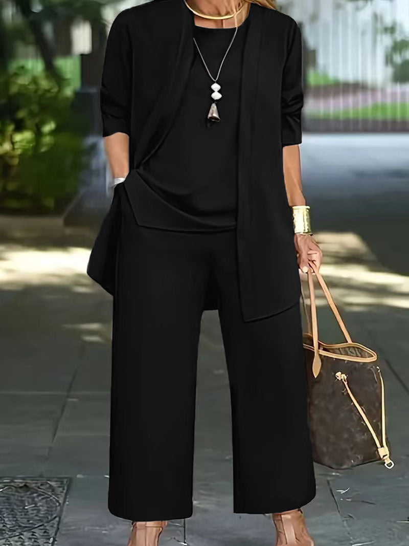 Women's 3-Piece Casual Set: Cardigan, Tank Top & Wide-Leg Pants