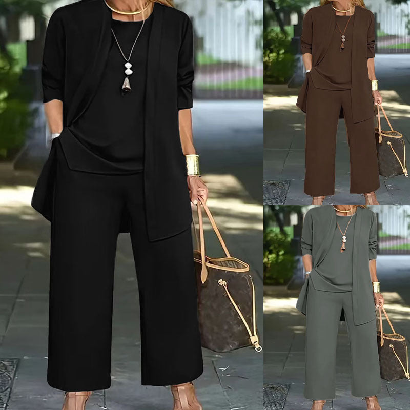 Women's 3-Piece Casual Set: Cardigan, Tank Top & Wide-Leg Pants