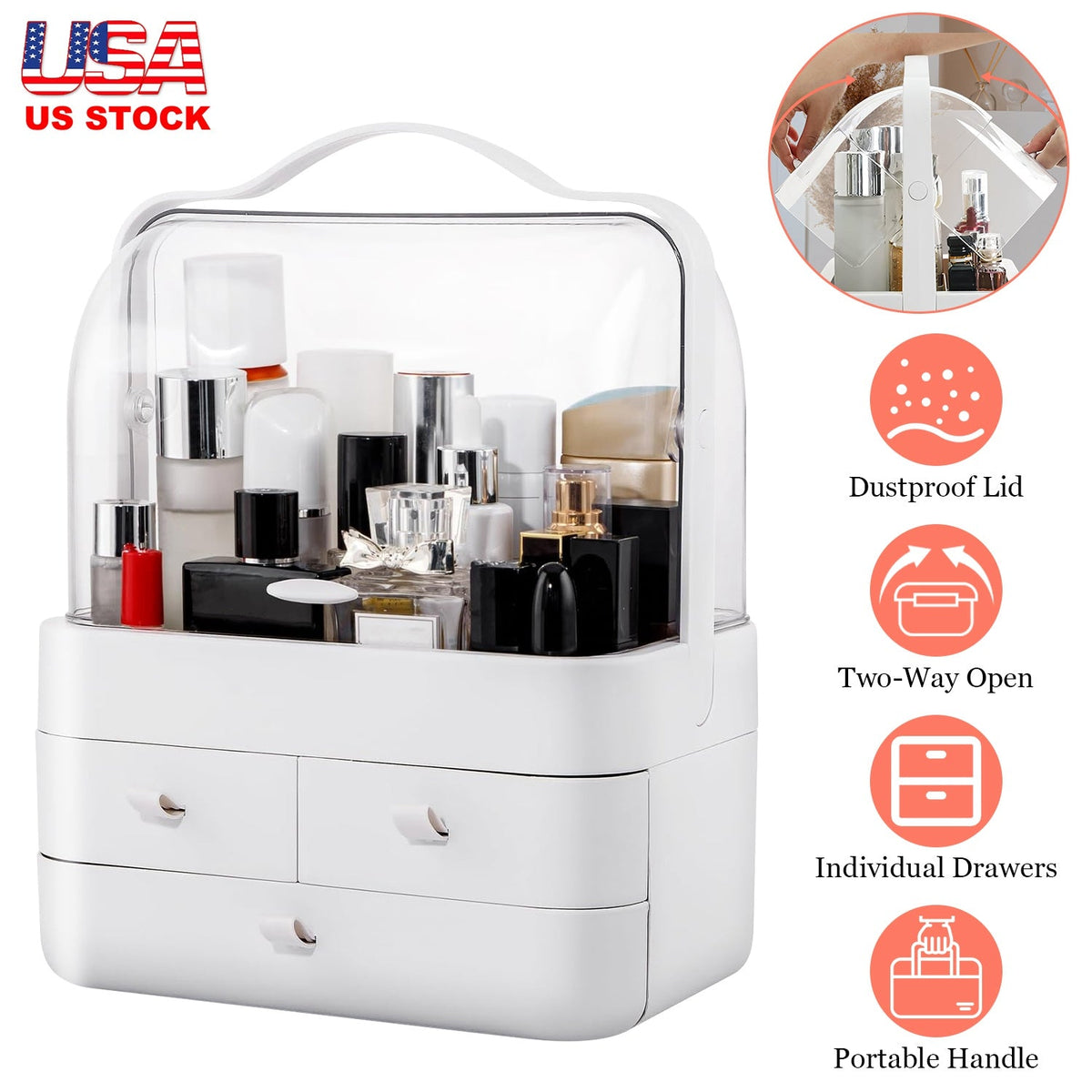 3 Tiers Makeup Organizer Cosmetic Storage Box with Dustproof Waterproof Lid Portable Handle Drawers Cosmetic Display Case for Bathroom Bedroom Dressin