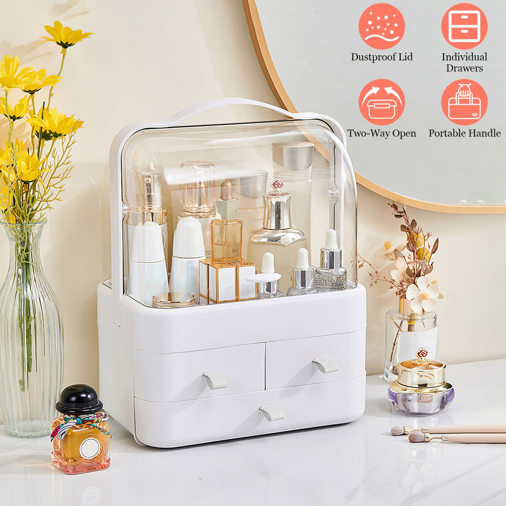 3 Tiers Makeup Organizer Cosmetic Storage Box with Dustproof Waterproof Lid Portable Handle Drawers Cosmetic Display Case for Bathroom Bedroom Dressin
