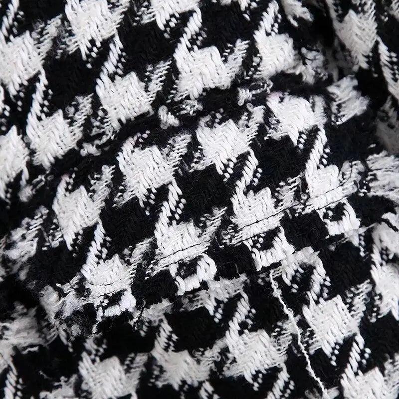Elegance Women Tweed Jackets Fashionable Office Ladies Black Tassel Houndstooth Coats Female Autumn Vintage Thick Plaid Coat Girls Chic